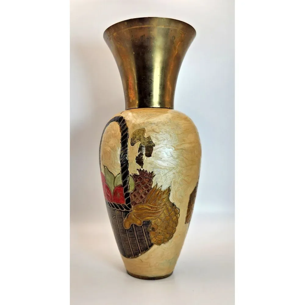 Vintage Enamel on‎ Brass Vase w/ Removable Neck Fruit Basket Design Hand Made
